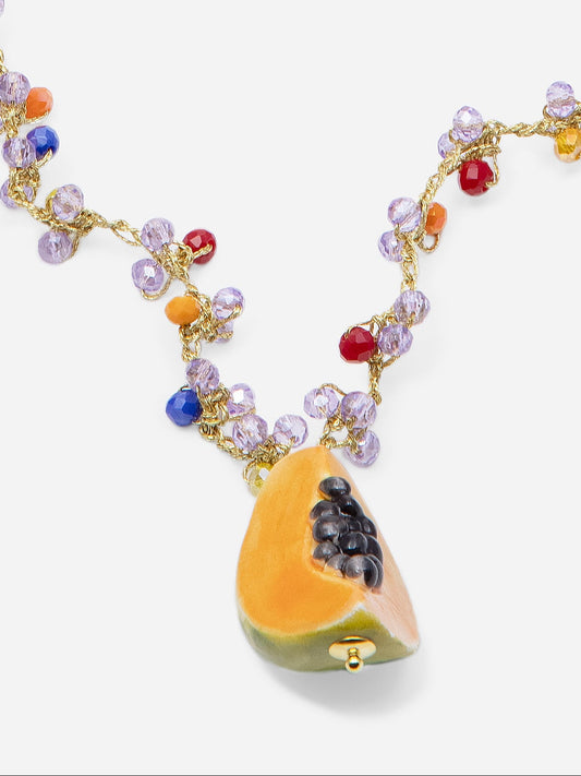 MACEDONIA, COLLAR LARGO DE CROCHET CON PIEZAS DE CRISTAL Y FRUTAS DE CERÁMICA