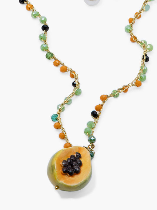PAPAYA, COLLAR LARGO DE CROCHET CON CUENTAS DE CRISTAL Y PAPAYA ABIERTA DE CERÁMICA