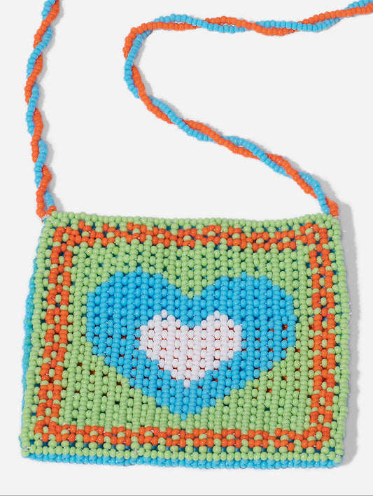 POCKET AMORE, BOLSILLO DE CUENTAS DE CHICRA CON DIBUJO EN FORMA DE CORAZÓN