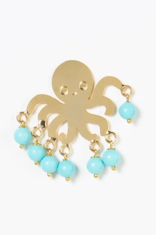 Pendientes en forma de pulpo dorado con cuentas colgantes turquesa, estilo marino lúdico y veraniego.