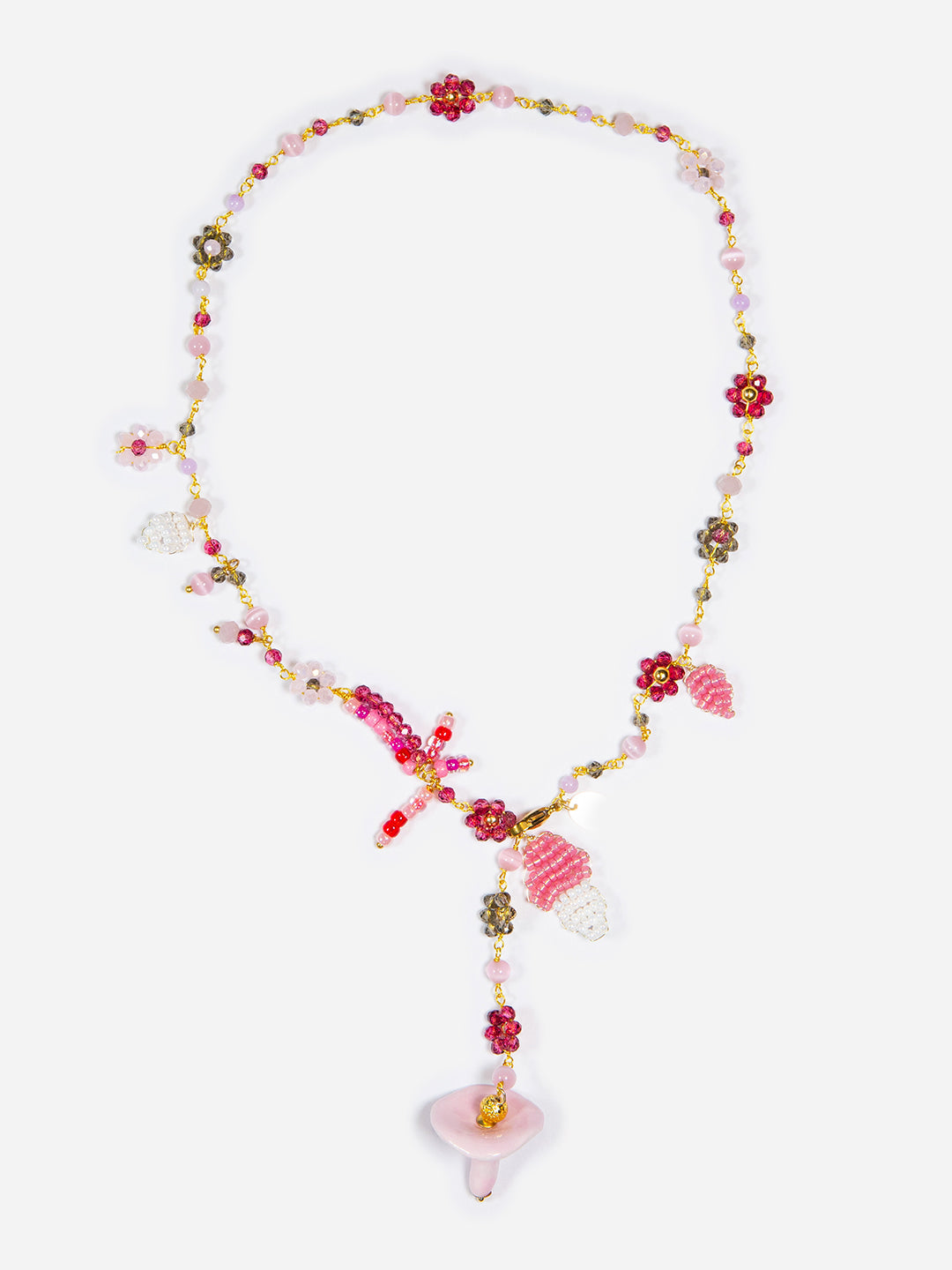 SHITAKE, COLLAR MEDIANO CON CUENTAS DE PEDRERÍA Y CRISTAL CON SETA ROSA