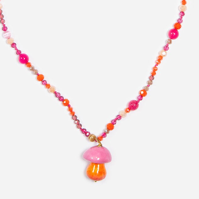 SETY ROSA Y NARANJA, COLLAR LARGO CON CUENTAS DE CRISTAL Y PIEDRAS CON SETA ROSA Y NARANJA