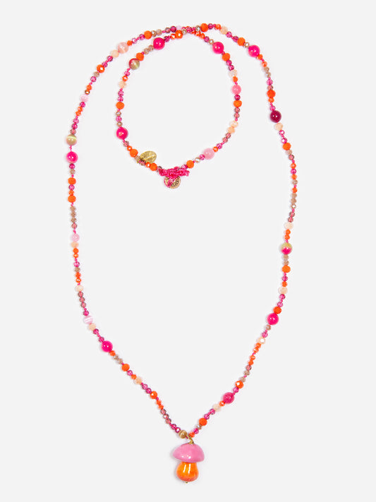 SETY ROSA Y NARANJA, COLLAR LARGO CON CUENTAS DE CRISTAL Y PIEDRAS CON SETA ROSA Y NARANJA