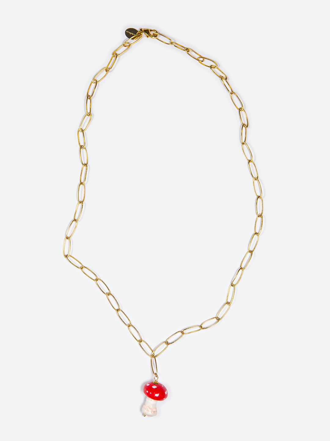 AMANITO, COLLAR MEDIANO CON CADENA DE METAL DORADA Y SETA ROJA Y BLANCA DE CERÁMICA