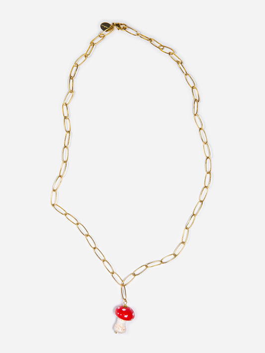 AMANITO, COLLAR MEDIANO CON CADENA DE METAL DORADA Y SETA ROJA Y BLANCA DE CERÁMICA