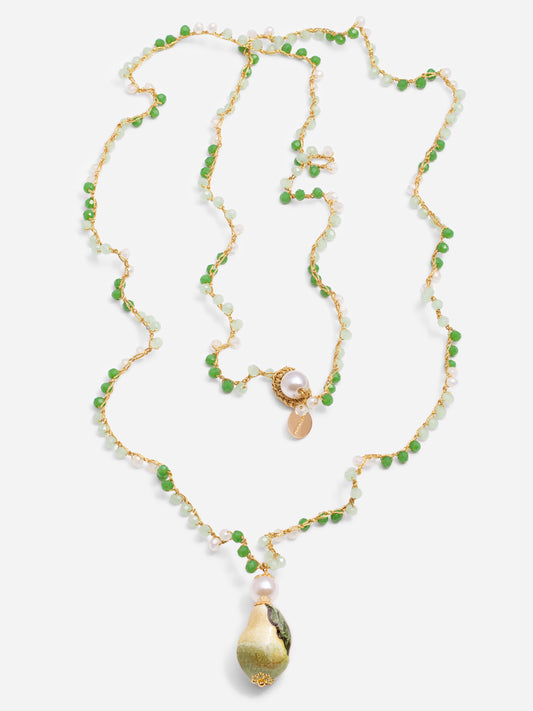 PERA, LONG NECKLACE WITH BRAIDED THREAD AND GREEN CERAMIC