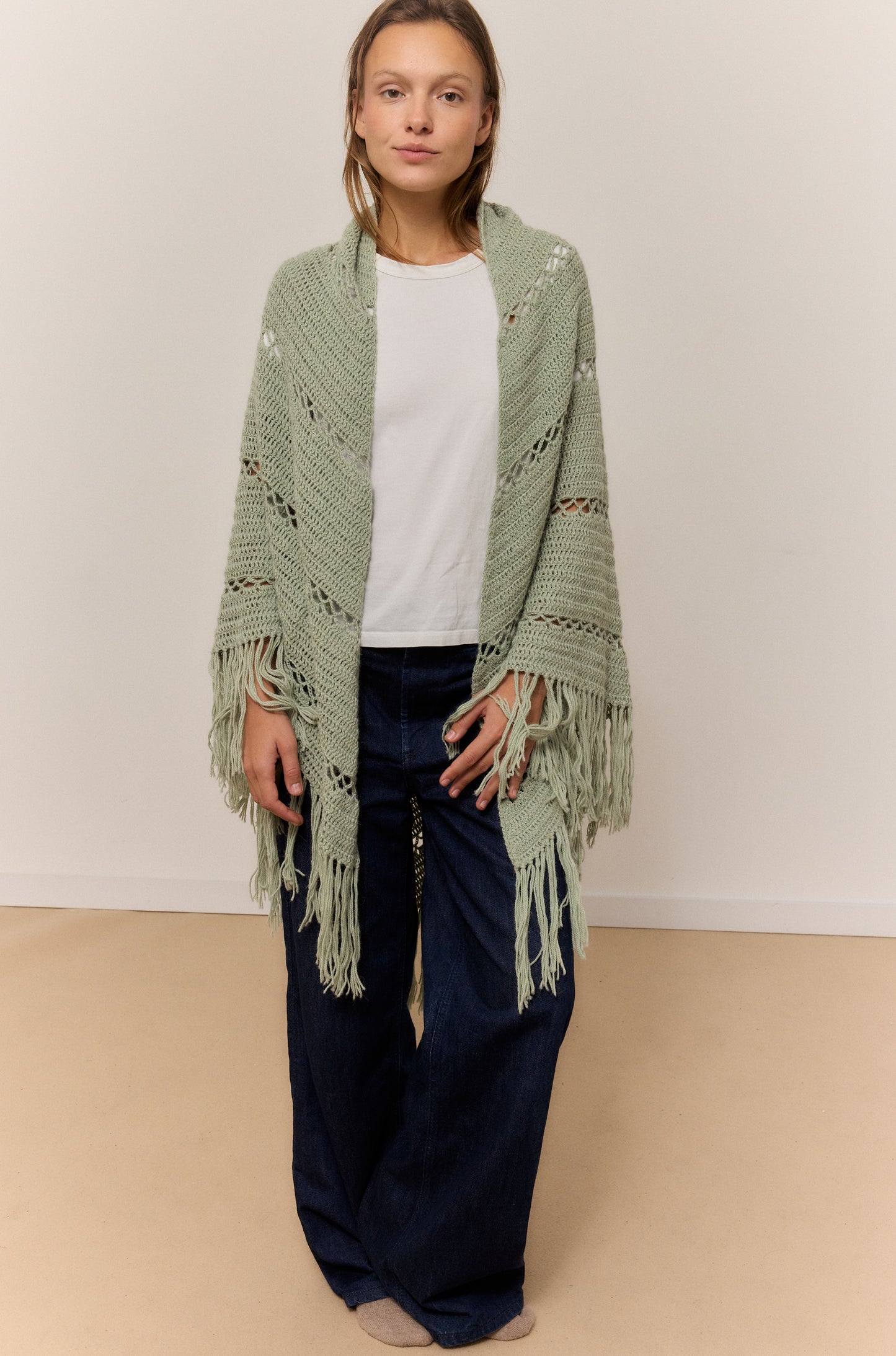 CHAL VERDE SALVIA, CHAL DE LANA DE ALPACA NATURAL