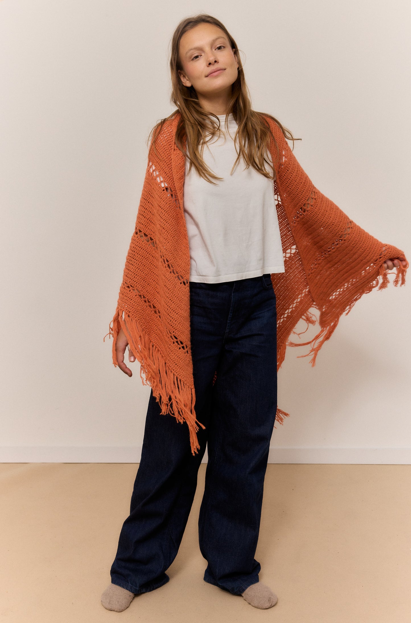 ORANGE SHAWL, NATURAL ALPACA WOOL SHAWL