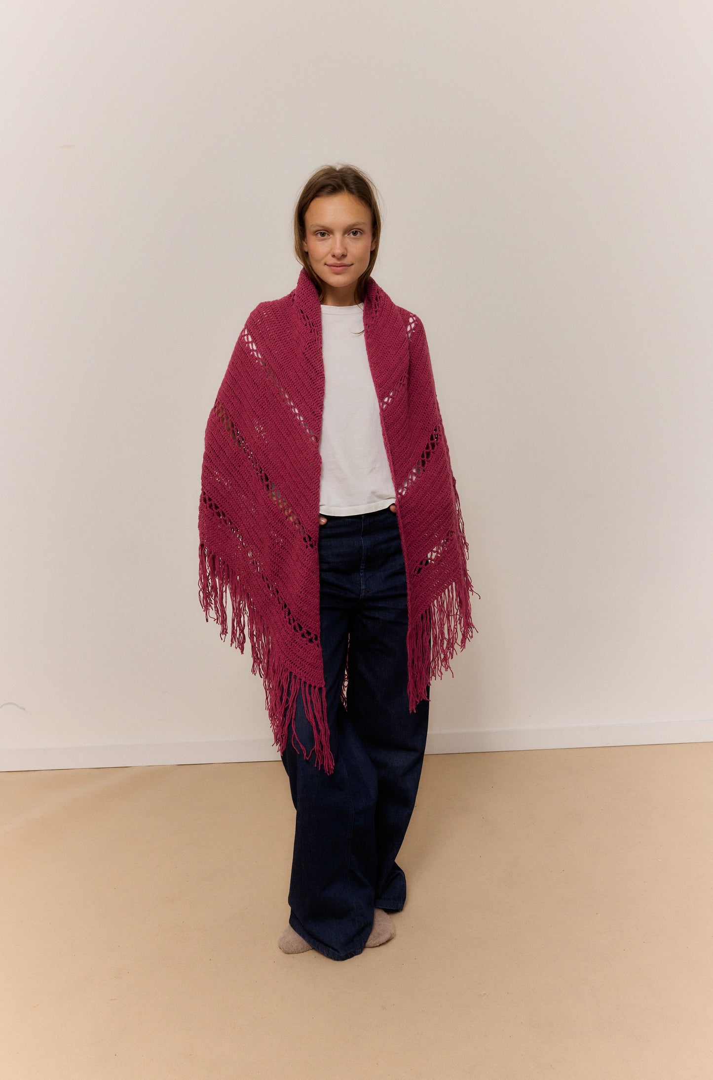 DARK PINK SHAWL, NATURAL ALPACA WOOL SHAWL