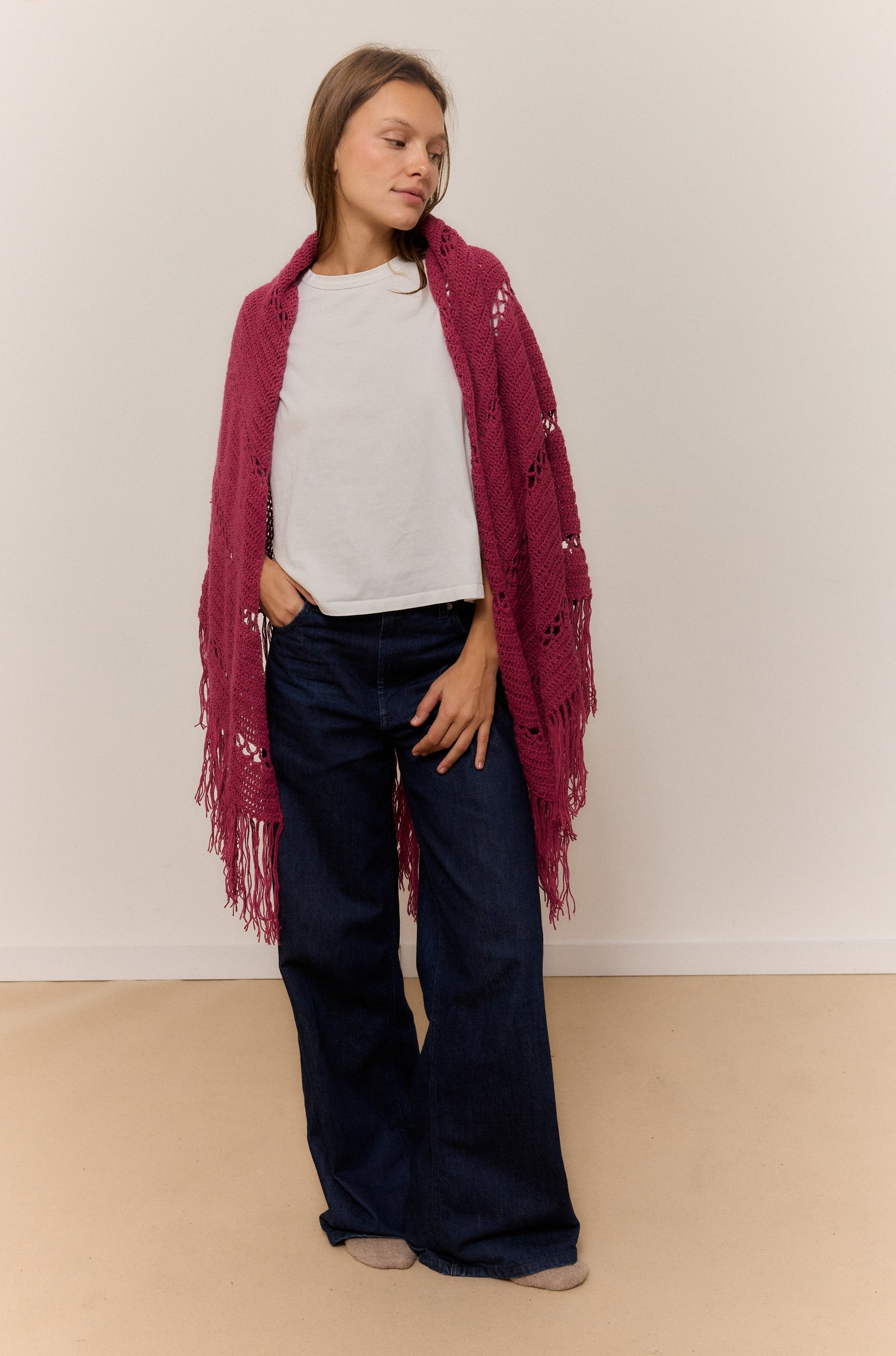 DARK PINK SHAWL, NATURAL ALPACA WOOL SHAWL