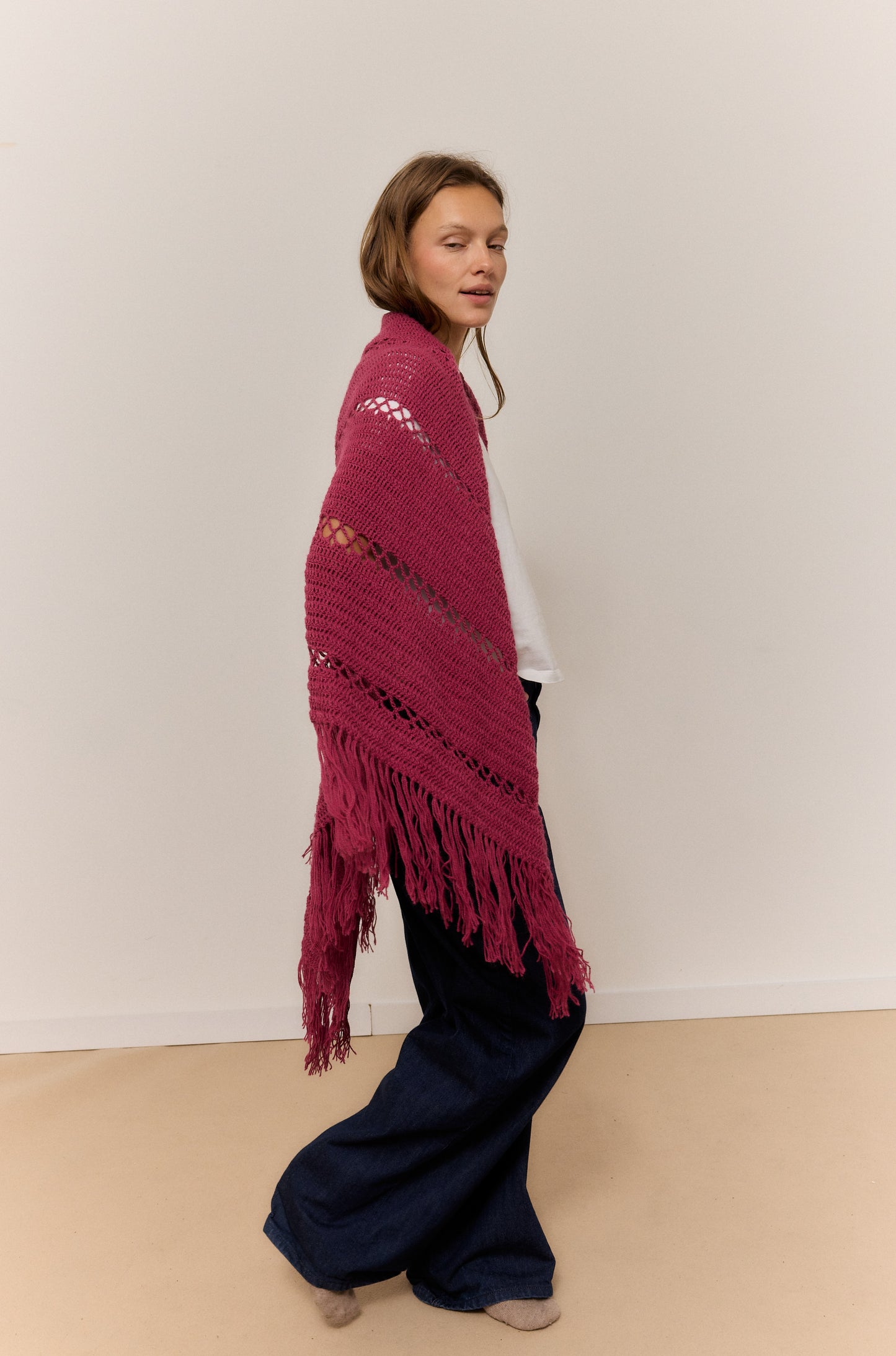 DARK PINK SHAWL, NATURAL ALPACA WOOL SHAWL