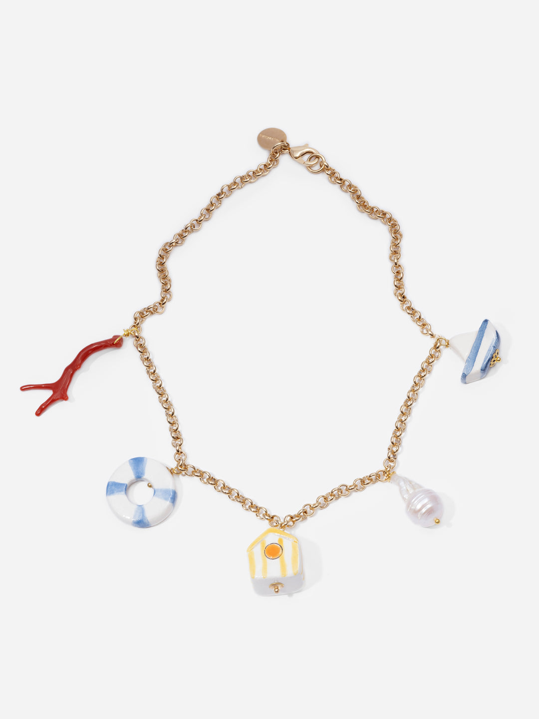 PLAYA, COLLAR CORTO CON CADENA DORADA Y CHARMS MARINOS DE CERÁMICA