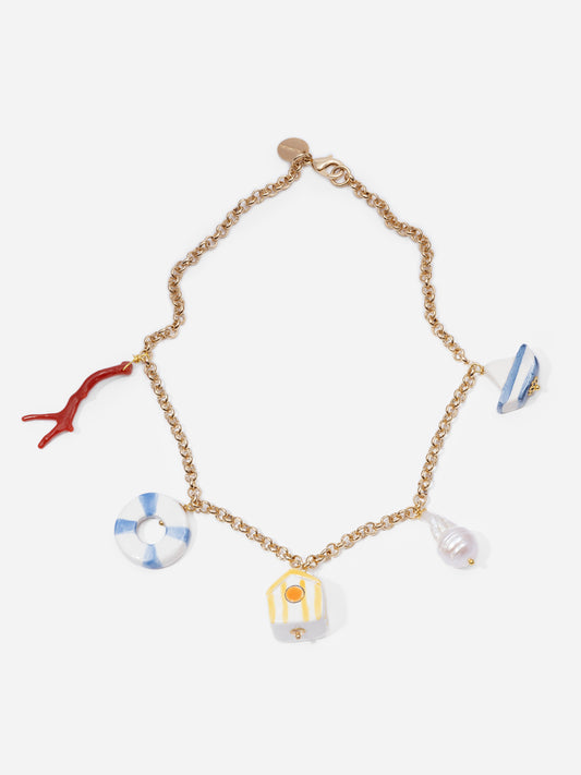 PLAYA, COLLAR CORTO CON CADENA DORADA Y CHARMS MARINOS DE CERÁMICA