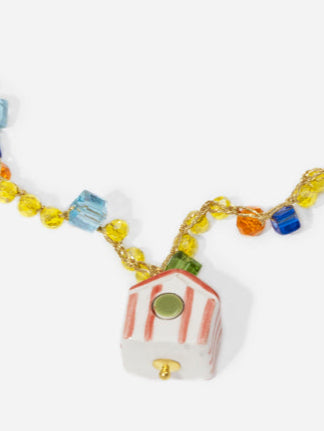 TRES CASITAS, COLLAR LARGO DE CROCHET CON CUENTAS DE CRISTAL Y TRES CASITAS DE CERÁMICA