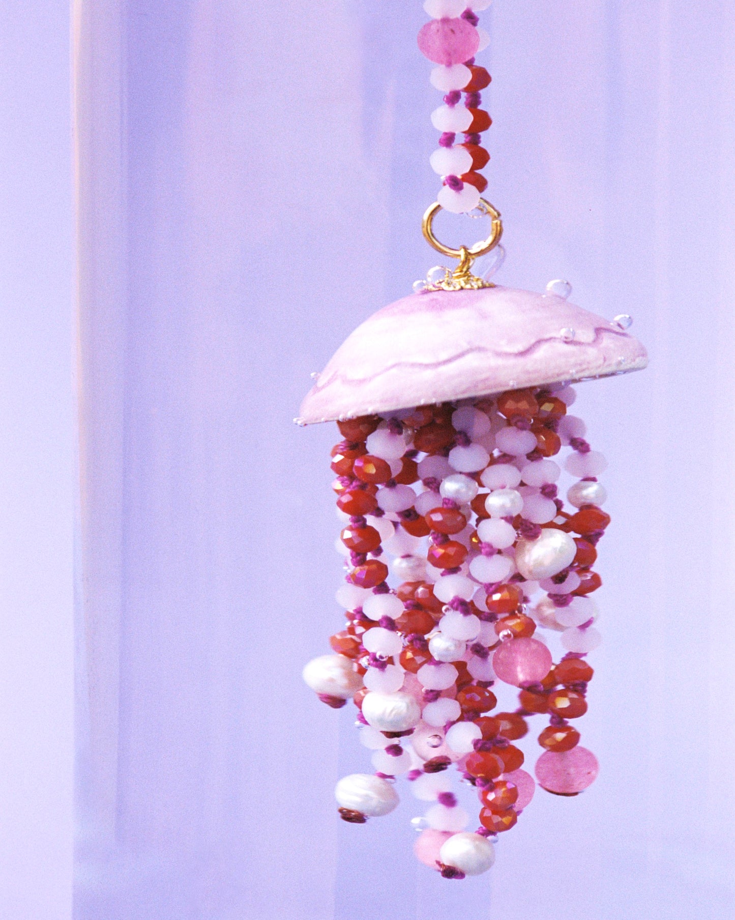 PINK JELLYFISH, LONG NECKLACE WITH PURPLE BEADS