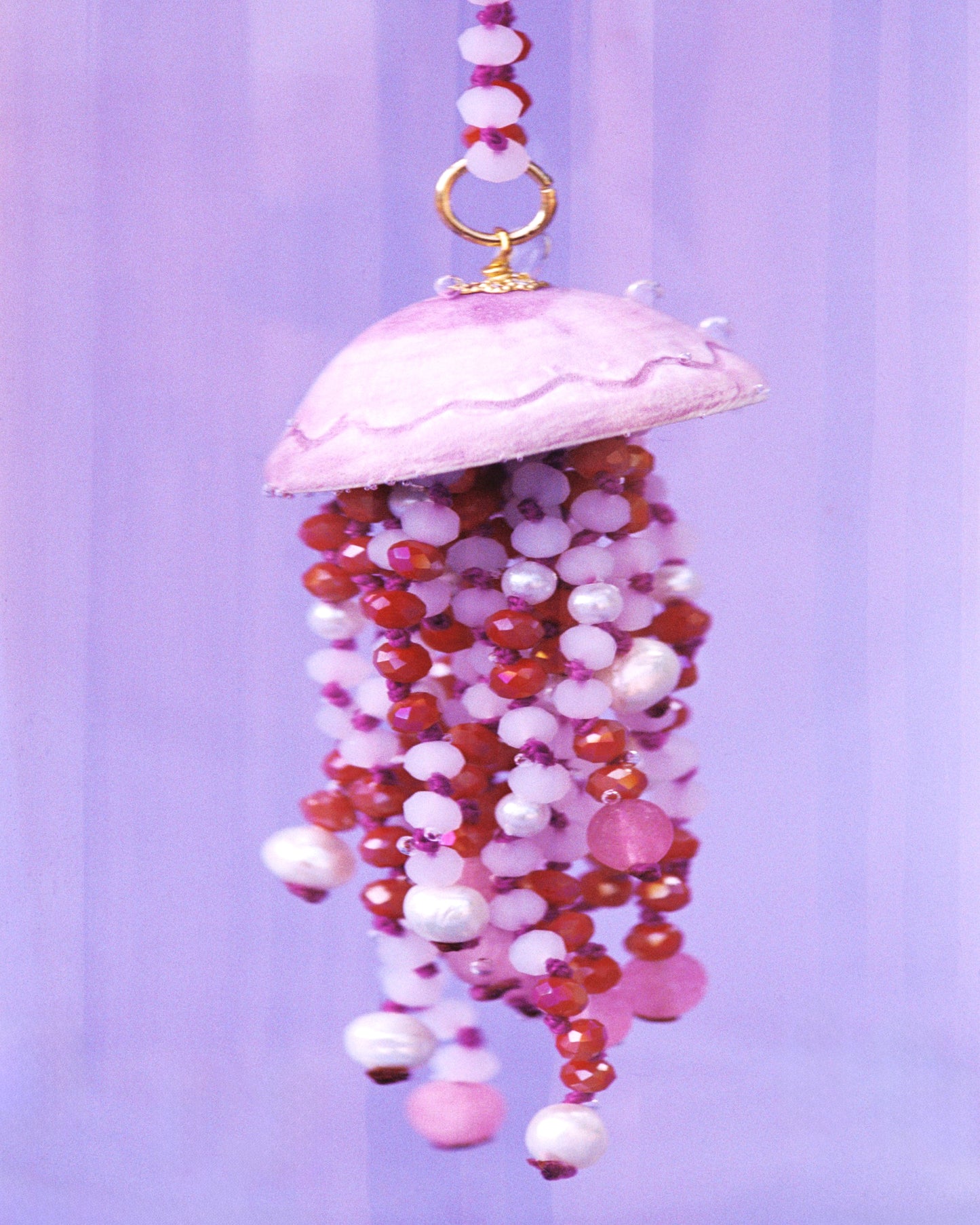 PINK JELLYFISH, LONG NECKLACE WITH PURPLE BEADS