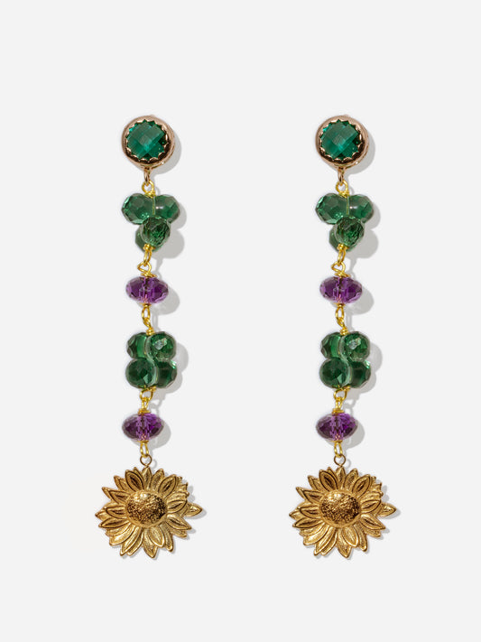 SUNFLOWER, GOLD EARRINGS WITH GREEN AND AMETHYST STONES