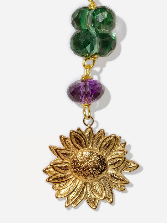SUNFLOWER, GOLD EARRINGS WITH GREEN AND AMETHYST STONES