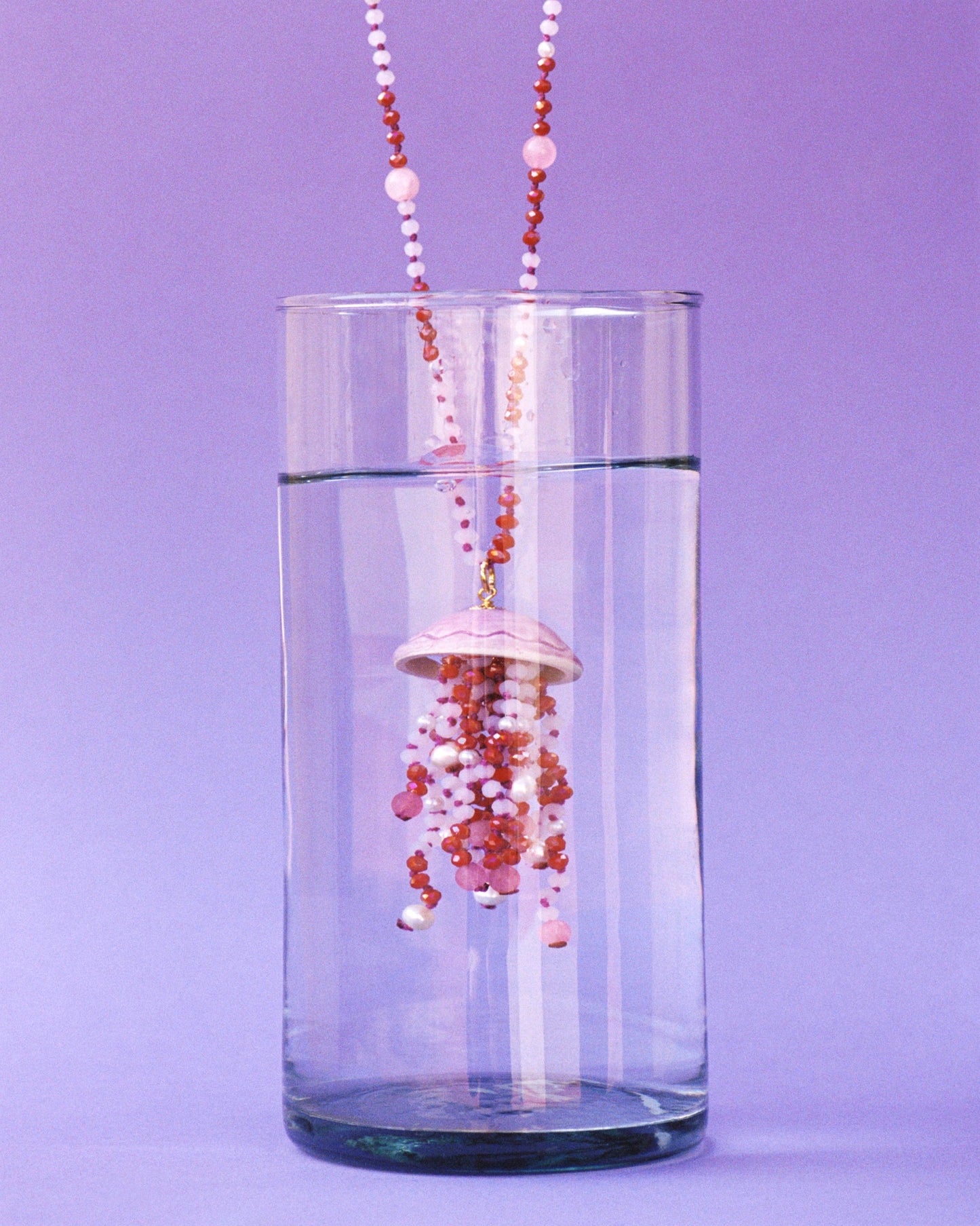 PINK JELLYFISH, LONG NECKLACE WITH PURPLE BEADS