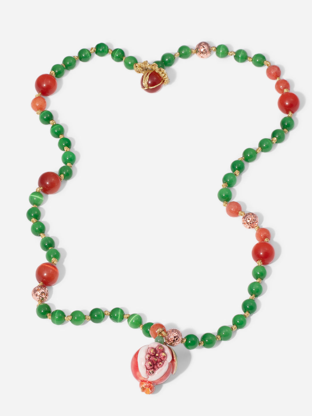 OPEN POMEGRANATE, LONG GREEN AND RED BEAD NECKLACE WITH PIECE OF CERAMIC IN THE SHAPE OF A POMEGRANATE