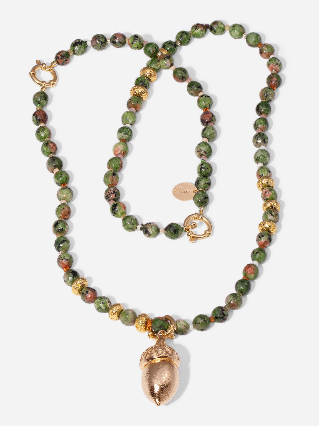 GOLDEN ACORN NECKLACE, LONG WITH DARK GREEN BEADS AND A BRONZE ACORN-SHAPED PIECE