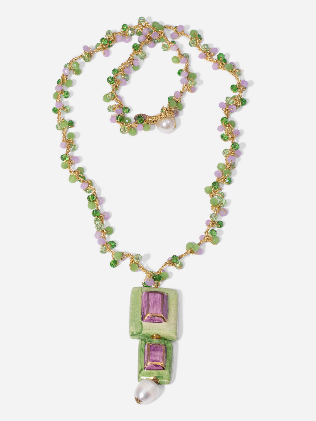 GEMA AURORA, COLLAR CON PIEZA DE CERÁMICA EN FORMA DE GEMAS VERDE Y LILA