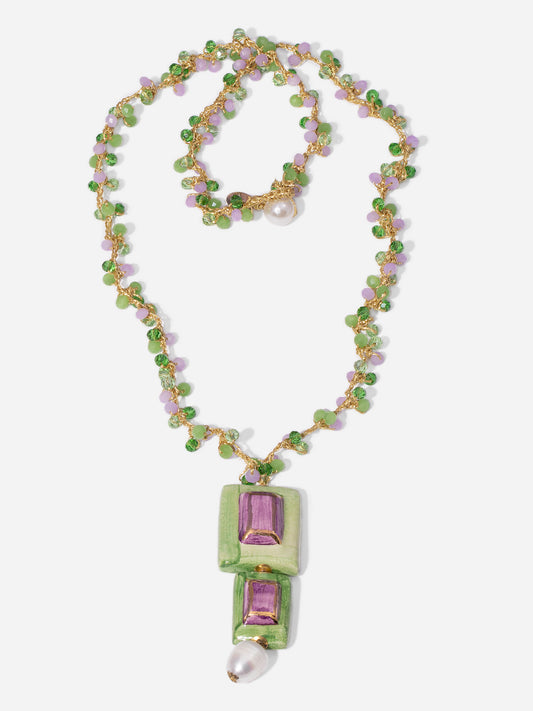 GEMA AURORA, COLLAR CON PIEZA DE CERÁMICA EN FORMA DE GEMAS VERDE Y LILA