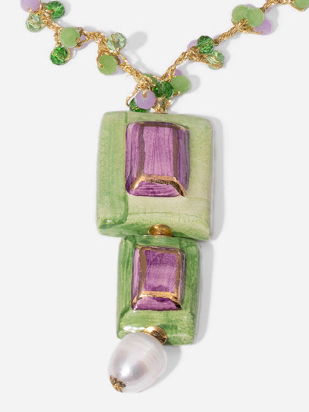 GEMA AURORA, COLLAR CON PIEZA DE CERÁMICA EN FORMA DE GEMAS VERDE Y LILA