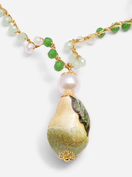 PERA, LONG NECKLACE WITH BRAIDED THREAD AND GREEN CERAMIC