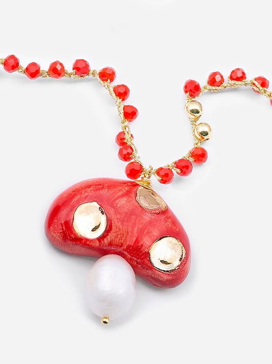 CHAMPI ROJO, LONG NECKLACE WITH RED MUSHROOM-SHAPED CERAMIC PIECE