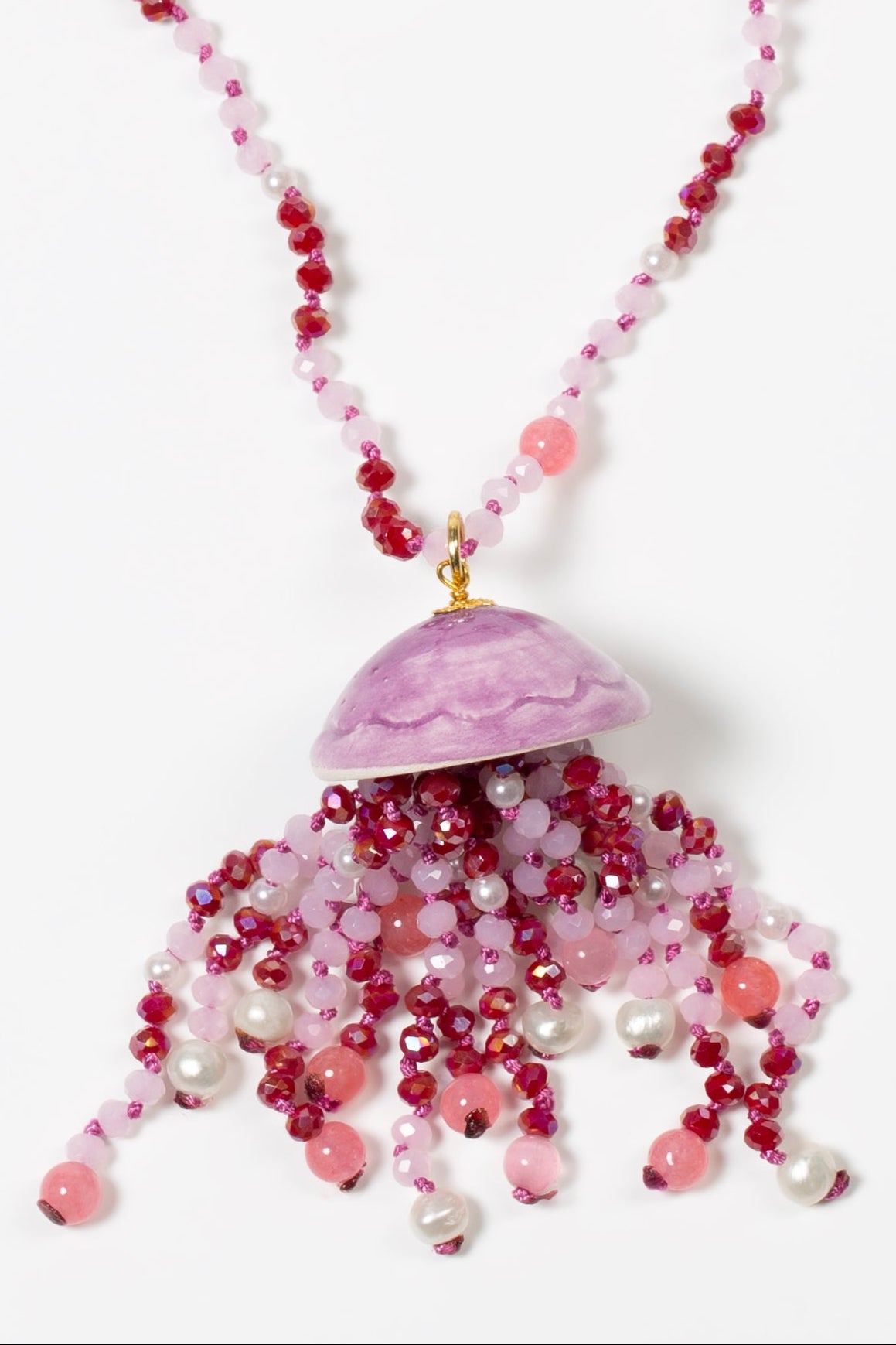 PINK JELLYFISH, LONG NECKLACE WITH PURPLE BEADS